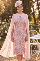 Load image into Gallery viewer, Sparkly Sequin Yellow Floral Bodycon Midi Mother of the Bride Dress with Cape