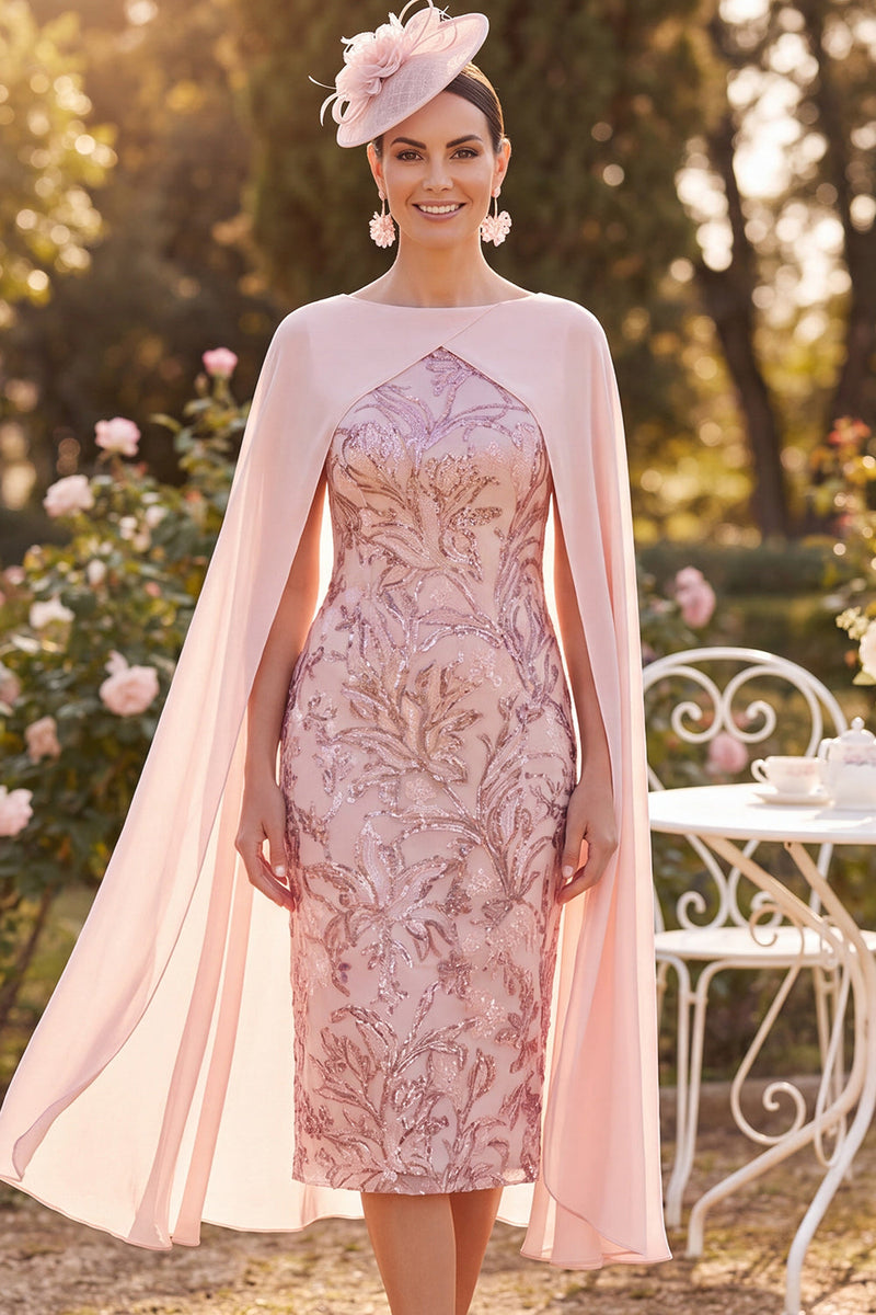 Load image into Gallery viewer, Sparkly Sequin Yellow Floral Bodycon Midi Mother of the Bride Dress with Cape