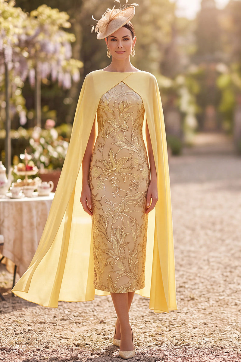 Load image into Gallery viewer, Sparkly Sequin Yellow Floral Bodycon Midi Mother of the Bride Dress with Cape