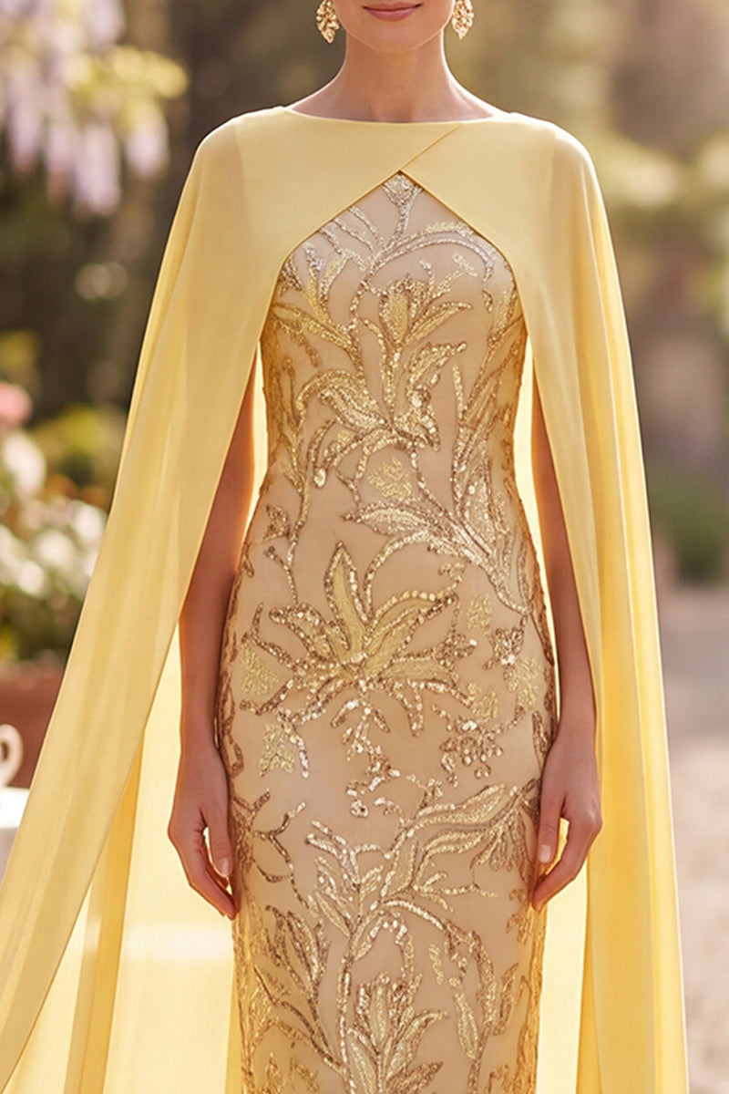 Load image into Gallery viewer, Sparkly Sequin Yellow Floral Bodycon Midi Mother of the Bride Dress with Cape