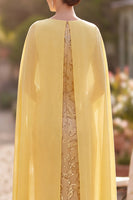 Load image into Gallery viewer, Sparkly Sequin Yellow Floral Bodycon Midi Mother of the Bride Dress with Cape