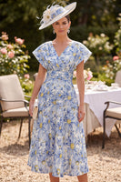 Load image into Gallery viewer, Blue Floral A Line Ruched V-Neck Midi Mother of the Bride Dress