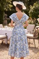 Load image into Gallery viewer, Blue Floral A Line Ruched V-Neck Midi Mother of the Bride Dress
