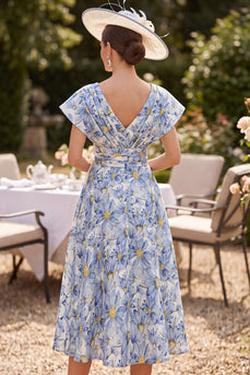 Blue Floral A Line Ruched V-Neck Midi Mother of the Bride Dress