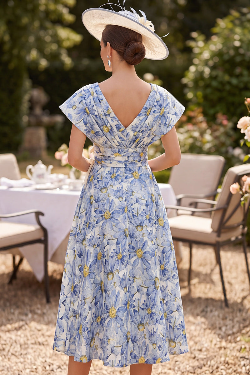 Load image into Gallery viewer, Blue Floral A Line Ruched V-Neck Midi Mother of the Bride Dress