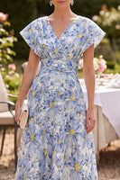 Load image into Gallery viewer, Blue Floral A Line Ruched V-Neck Midi Mother of the Bride Dress