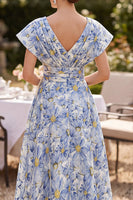 Load image into Gallery viewer, Blue Floral A Line Ruched V-Neck Midi Mother of the Bride Dress