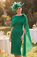 Load image into Gallery viewer, Bodycon Dark Green Lace Boat Neck Midi Mother of the Bride Dress with Cape
