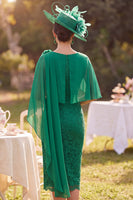 Load image into Gallery viewer, Bodycon Dark Green Lace Boat Neck Midi Mother of the Bride Dress with Cape