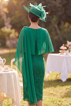 Bodycon Dark Green Lace Boat Neck Midi Mother of the Bride Dress with Cape