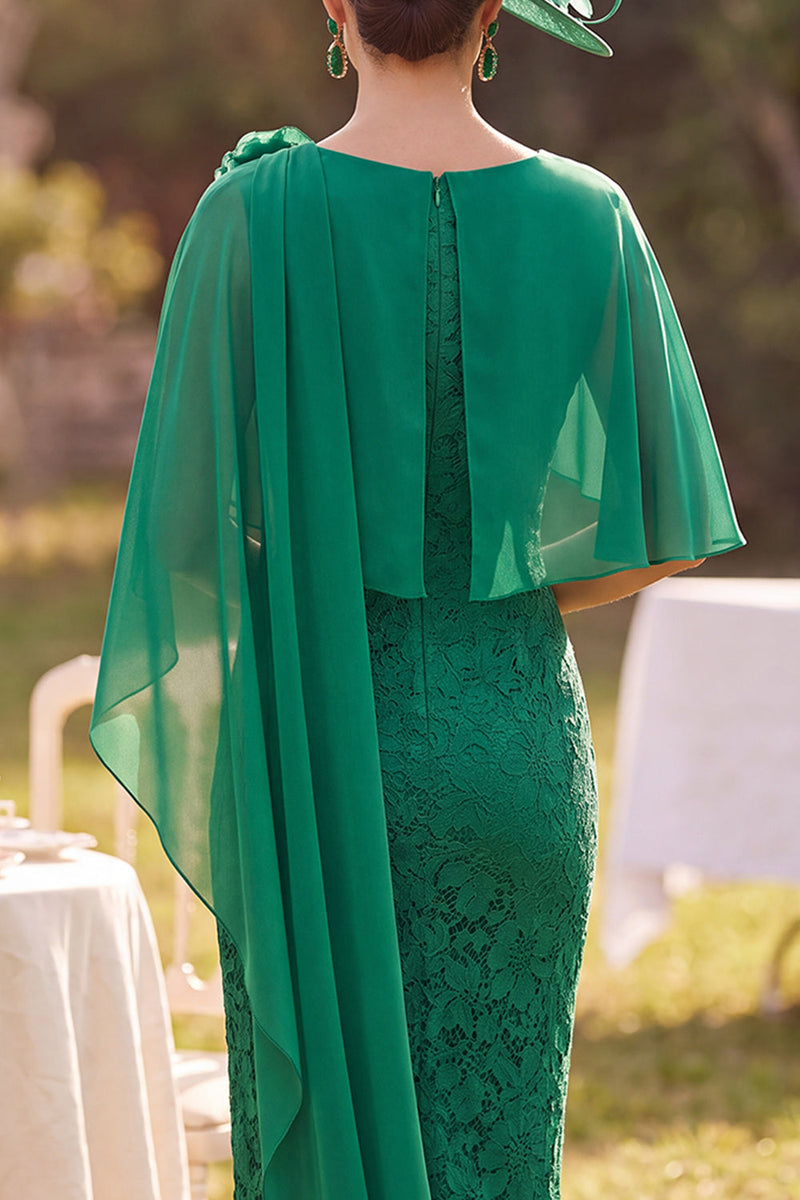 Load image into Gallery viewer, Bodycon Dark Green Lace Boat Neck Midi Mother of the Bride Dress with Cape