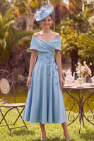 Load image into Gallery viewer, A Line Blue Ruched Off the Shoulder Midi Mother of the Bride Dress with 3D Flowers