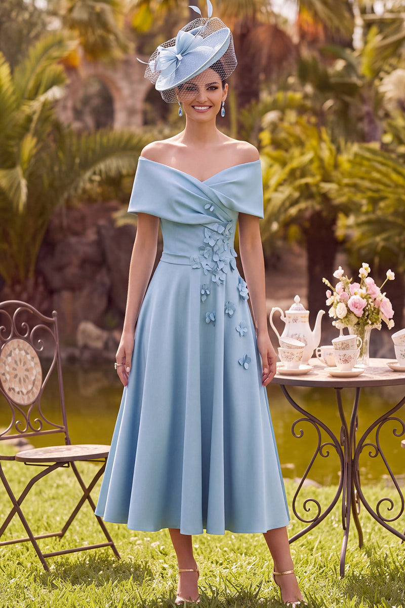 Load image into Gallery viewer, A Line Blue Ruched Off the Shoulder Midi Mother of the Bride Dress with 3D Flowers