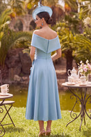 Load image into Gallery viewer, A Line Blue Ruched Off the Shoulder Midi Mother of the Bride Dress with 3D Flowers