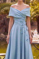 Load image into Gallery viewer, A Line Blue Ruched Off the Shoulder Midi Mother of the Bride Dress with 3D Flowers