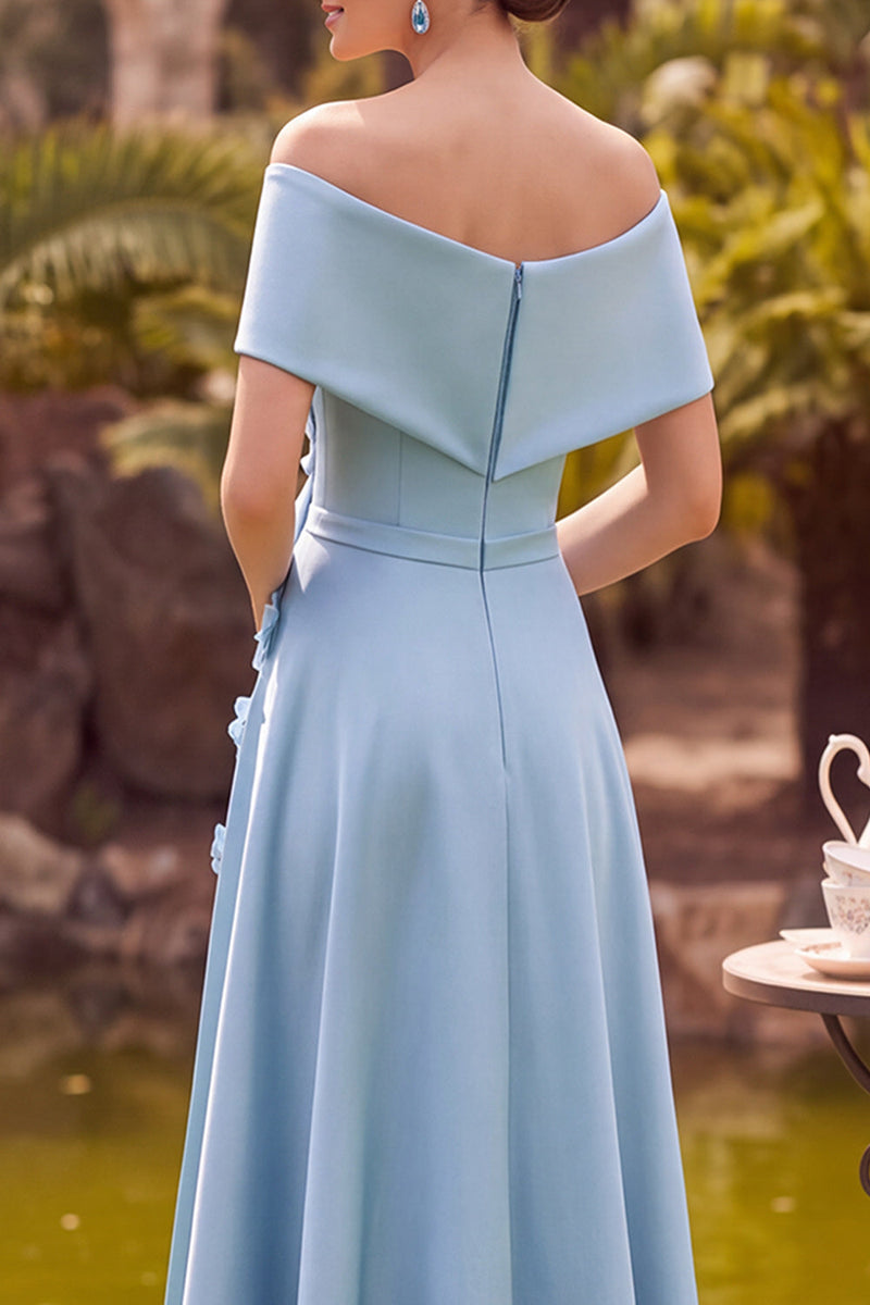 Load image into Gallery viewer, A Line Blue Ruched Off the Shoulder Midi Mother of the Bride Dress with 3D Flowers