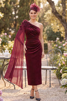 Load image into Gallery viewer, Bodycon Burgundy Velvet Ruched Midi Mother of the Bride Dress with Side Cape