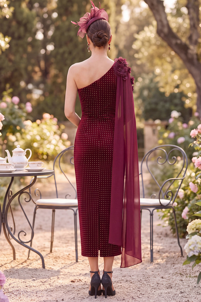 Load image into Gallery viewer, Bodycon Burgundy Velvet Ruched Midi Mother of the Bride Dress with Side Cape