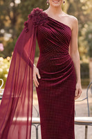 Load image into Gallery viewer, Bodycon Burgundy Velvet Ruched Midi Mother of the Bride Dress with Side Cape