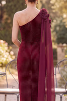 Load image into Gallery viewer, Bodycon Burgundy Velvet Ruched Midi Mother of the Bride Dress with Side Cape
