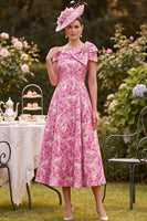 Load image into Gallery viewer, Floral Pink A Line Off The Shoulder Midi Mother of the Bride Dress with Bow