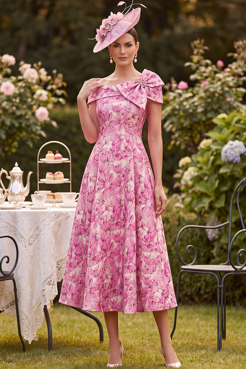 Load image into Gallery viewer, Floral Pink A Line Off The Shoulder Midi Mother of the Bride Dress with Bow
