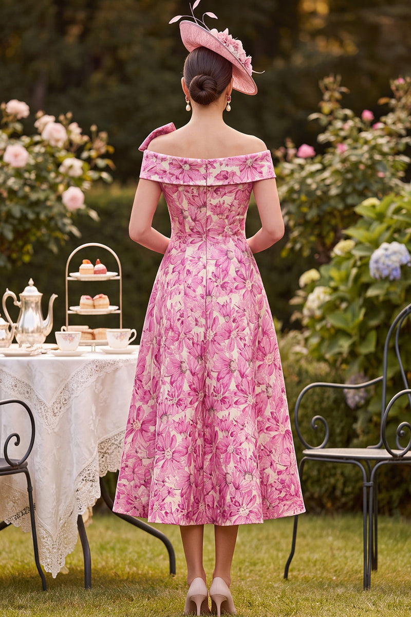 Load image into Gallery viewer, Floral Pink A Line Off The Shoulder Midi Mother of the Bride Dress with Bow