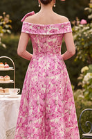 Load image into Gallery viewer, Floral Pink A Line Off The Shoulder Midi Mother of the Bride Dress with Bow