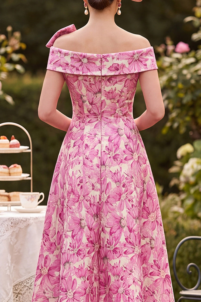 Load image into Gallery viewer, Floral Pink A Line Off The Shoulder Midi Mother of the Bride Dress with Bow