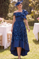 Load image into Gallery viewer, A Line Navy Floral Ruched High-Low Mother of the Bride Dress with Bow