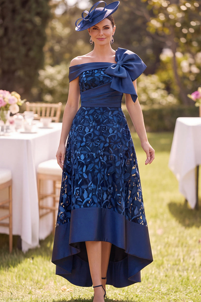 Load image into Gallery viewer, A Line Navy Floral Ruched High-Low Mother of the Bride Dress with Bow