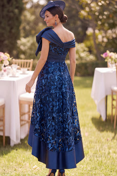 A Line Navy Floral Ruched High-Low Mother of the Bride Dress with Bow