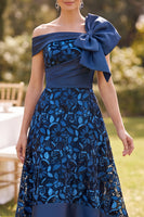 Load image into Gallery viewer, A Line Navy Floral Ruched High-Low Mother of the Bride Dress with Bow