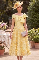 Load image into Gallery viewer, Floral Yellow A Line Ruched Off the Shoulder Midi Mother of the Bride Dress with Bow