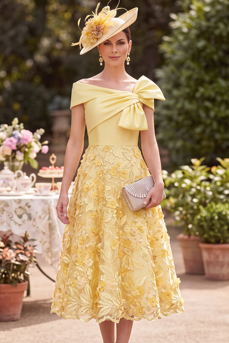 Load image into Gallery viewer, Floral Yellow A Line Ruched Off the Shoulder Midi Mother of the Bride Dress with Bow