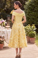 Load image into Gallery viewer, Floral Yellow A Line Ruched Off the Shoulder Midi Mother of the Bride Dress with Bow