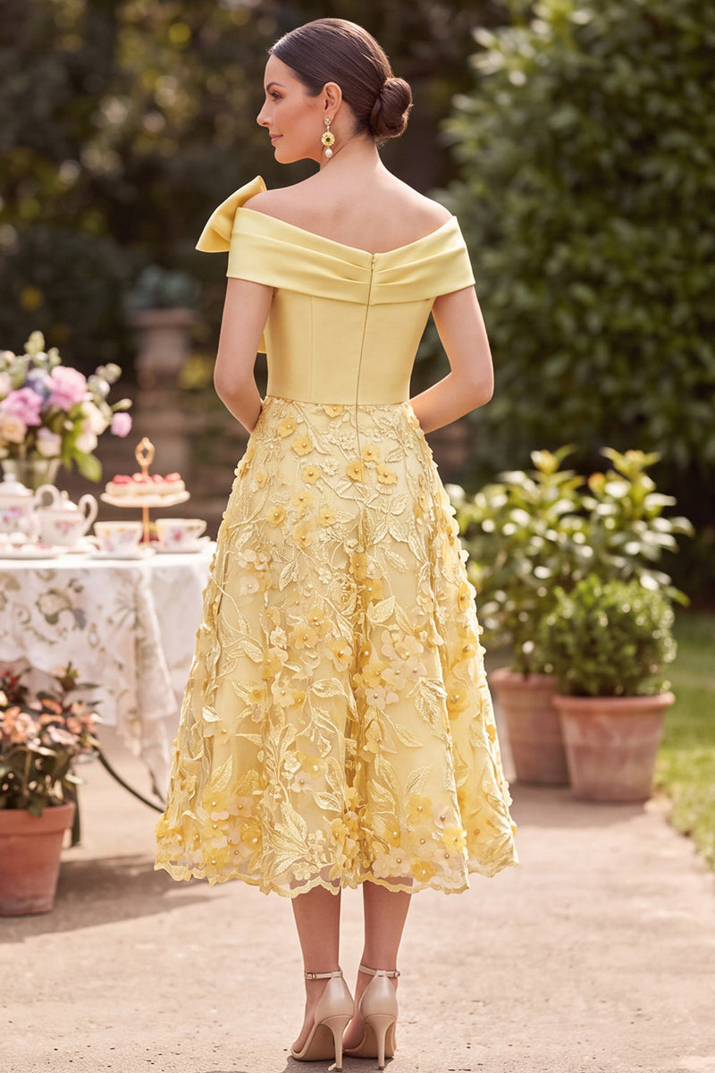 Load image into Gallery viewer, Floral Yellow A Line Ruched Off the Shoulder Midi Mother of the Bride Dress with Bow