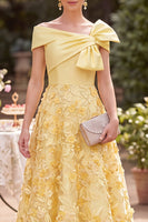 Load image into Gallery viewer, Floral Yellow A Line Ruched Off the Shoulder Midi Mother of the Bride Dress with Bow