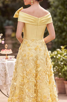 Load image into Gallery viewer, Floral Yellow A Line Ruched Off the Shoulder Midi Mother of the Bride Dress with Bow