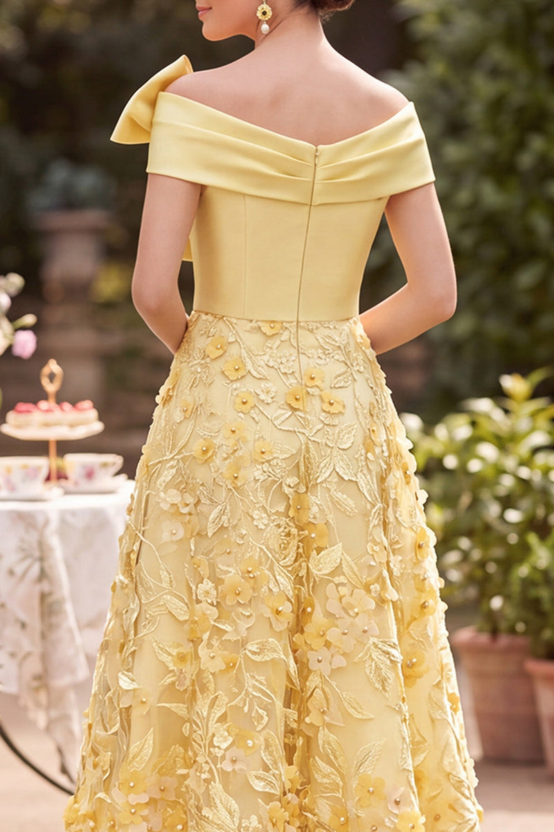 Load image into Gallery viewer, Floral Yellow A Line Ruched Off the Shoulder Midi Mother of the Bride Dress with Bow