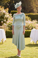 Load image into Gallery viewer, A Line Green Ruched Asymmetrical Mother of the Bride Dress with 3D Flowers
