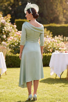 Load image into Gallery viewer, A Line Green Ruched Asymmetrical Mother of the Bride Dress with 3D Flowers