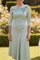 Load image into Gallery viewer, A Line Green Ruched Asymmetrical Mother of the Bride Dress with 3D Flowers