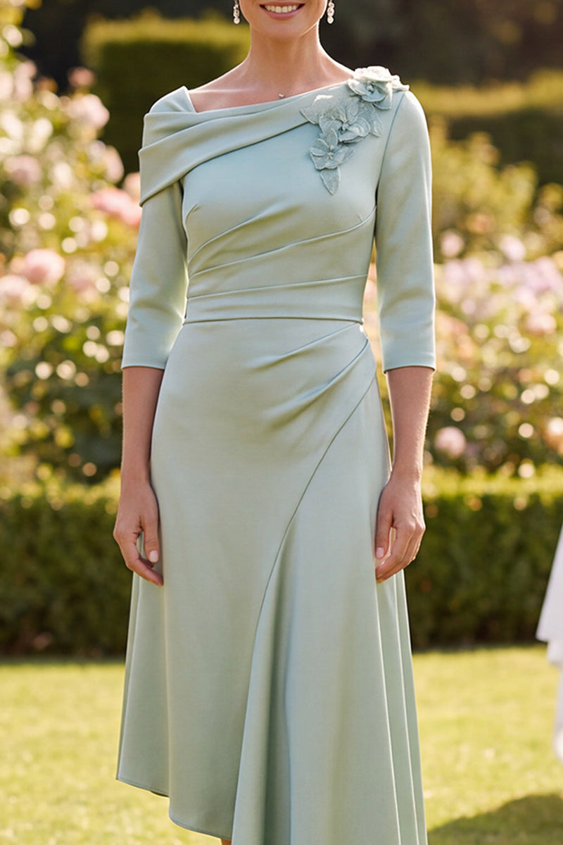 Load image into Gallery viewer, A Line Green Ruched Asymmetrical Mother of the Bride Dress with 3D Flowers
