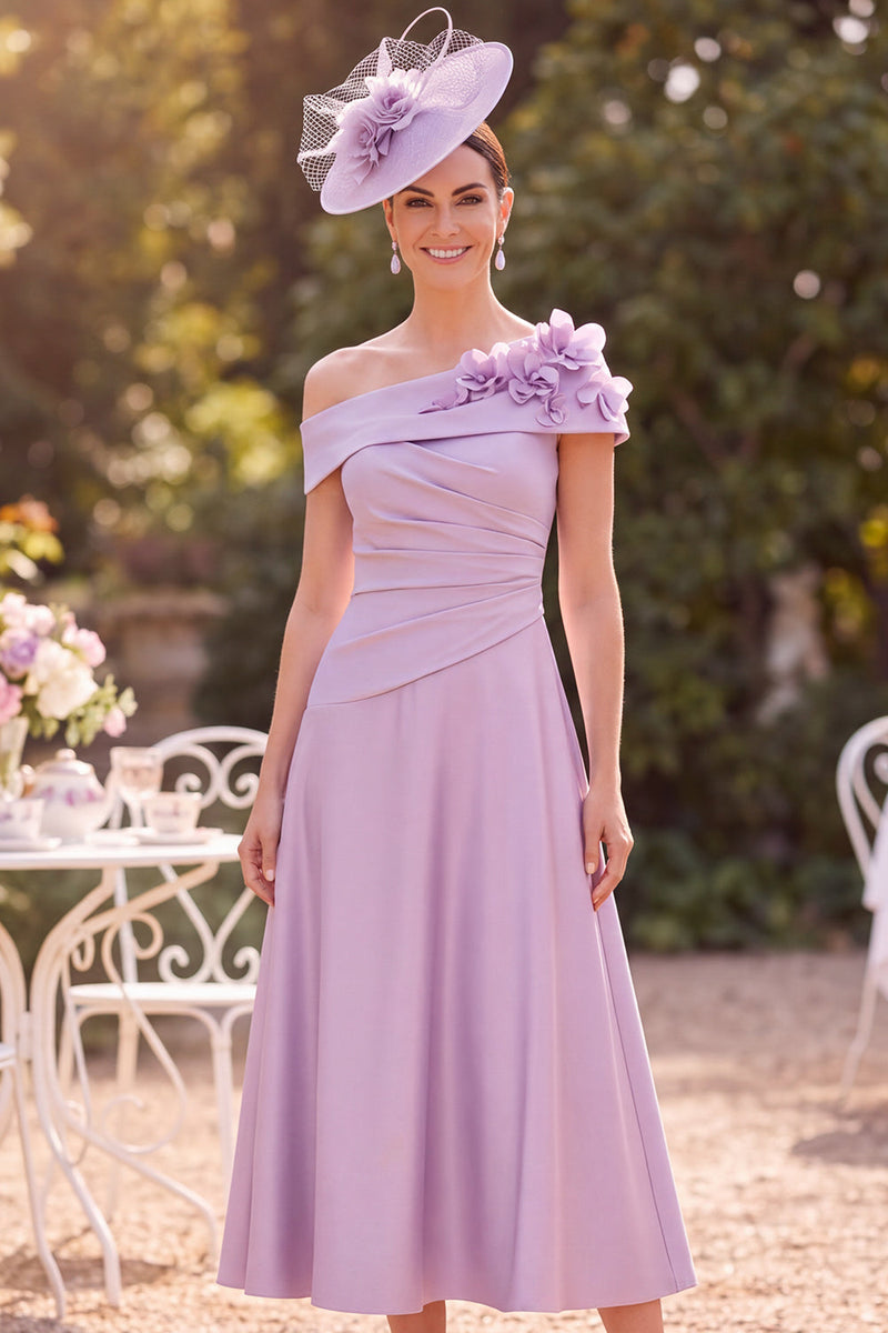 Load image into Gallery viewer, A Line Lilac Ruched One Shoulder Midi Mother of the Bride Dress with 3D Flowers