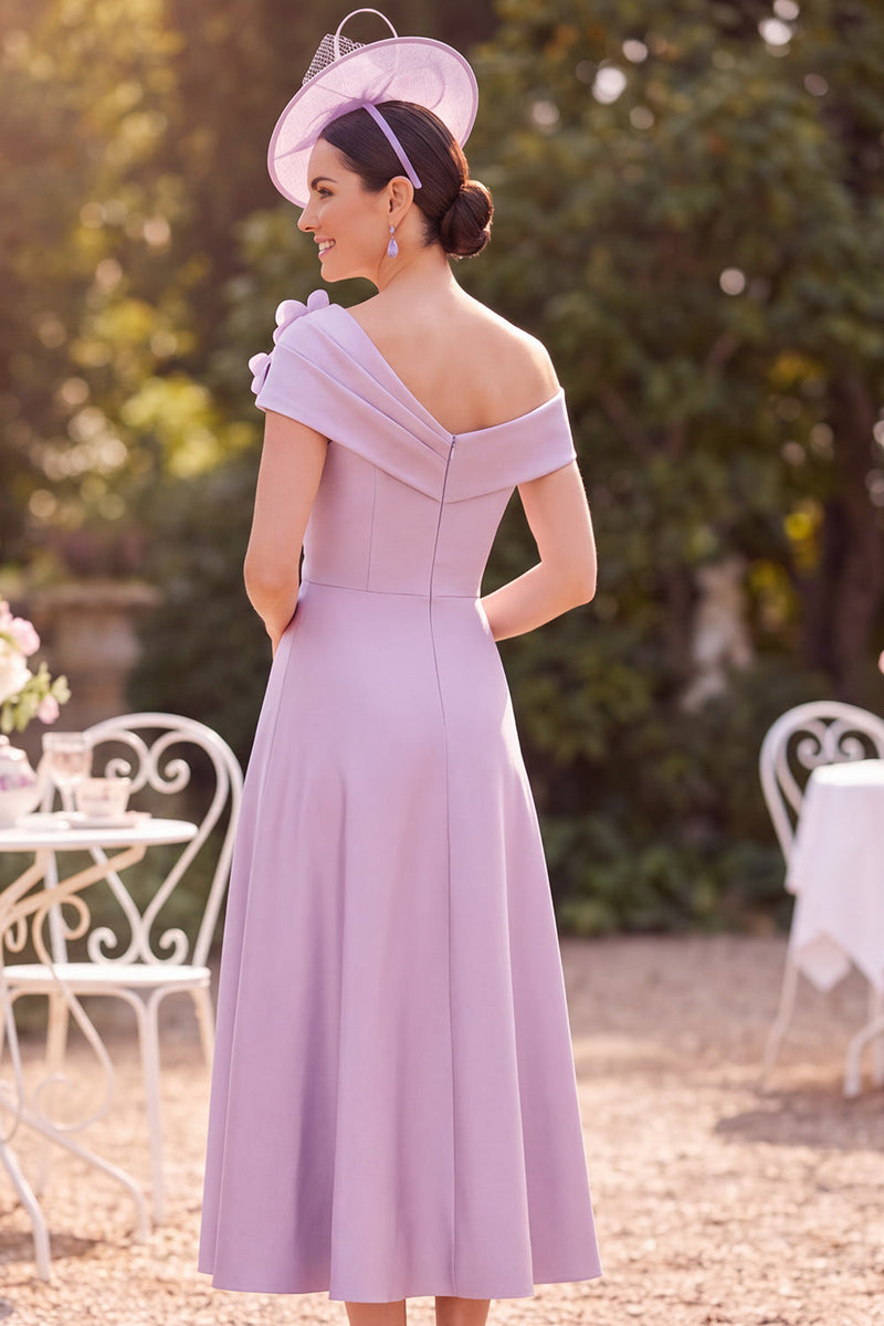 Load image into Gallery viewer, A Line Lilac Ruched One Shoulder Midi Mother of the Bride Dress with 3D Flowers