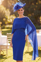 Load image into Gallery viewer, Sparkly Royal Blue Tight Beaded Boat Neck Midi Mother of the Bride Dress with Cape