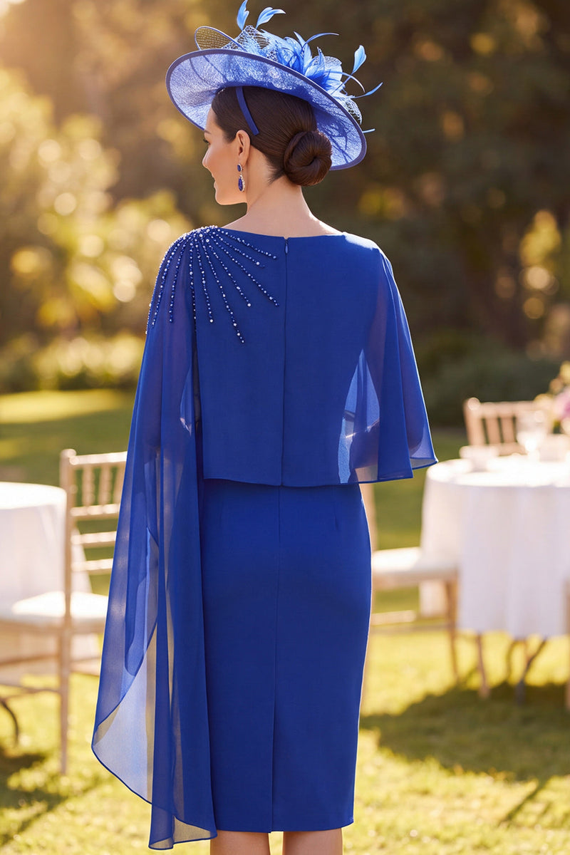 Load image into Gallery viewer, Sparkly Royal Blue Tight Beaded Boat Neck Midi Mother of the Bride Dress with Cape