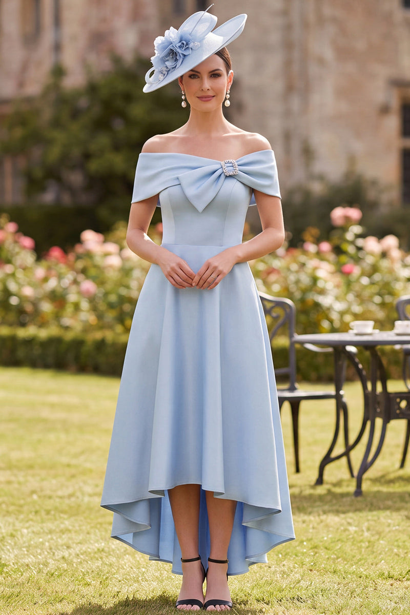 Load image into Gallery viewer, Blue A Line Off the Shoulder High-Low Mother of the Bride Dress with Bow