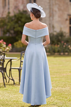 Blue A Line Off the Shoulder High-Low Mother of the Bride Dress with Bow